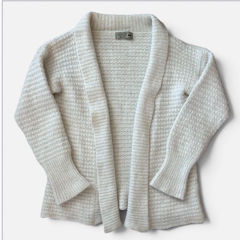 Peruvian Link 100% Alpaca Wool Open Front Cardigan Shawl Collar Cream Chuny Knit